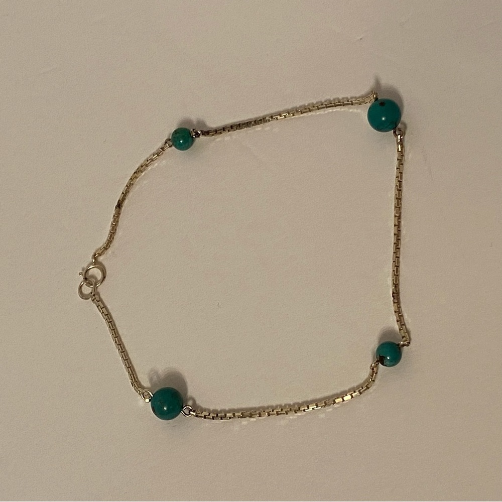 BRACELET ANKLE ANKLET STERLING SILVER 925 BOX CHAIN 4 TURQUOISE BLUE BEADS 11”